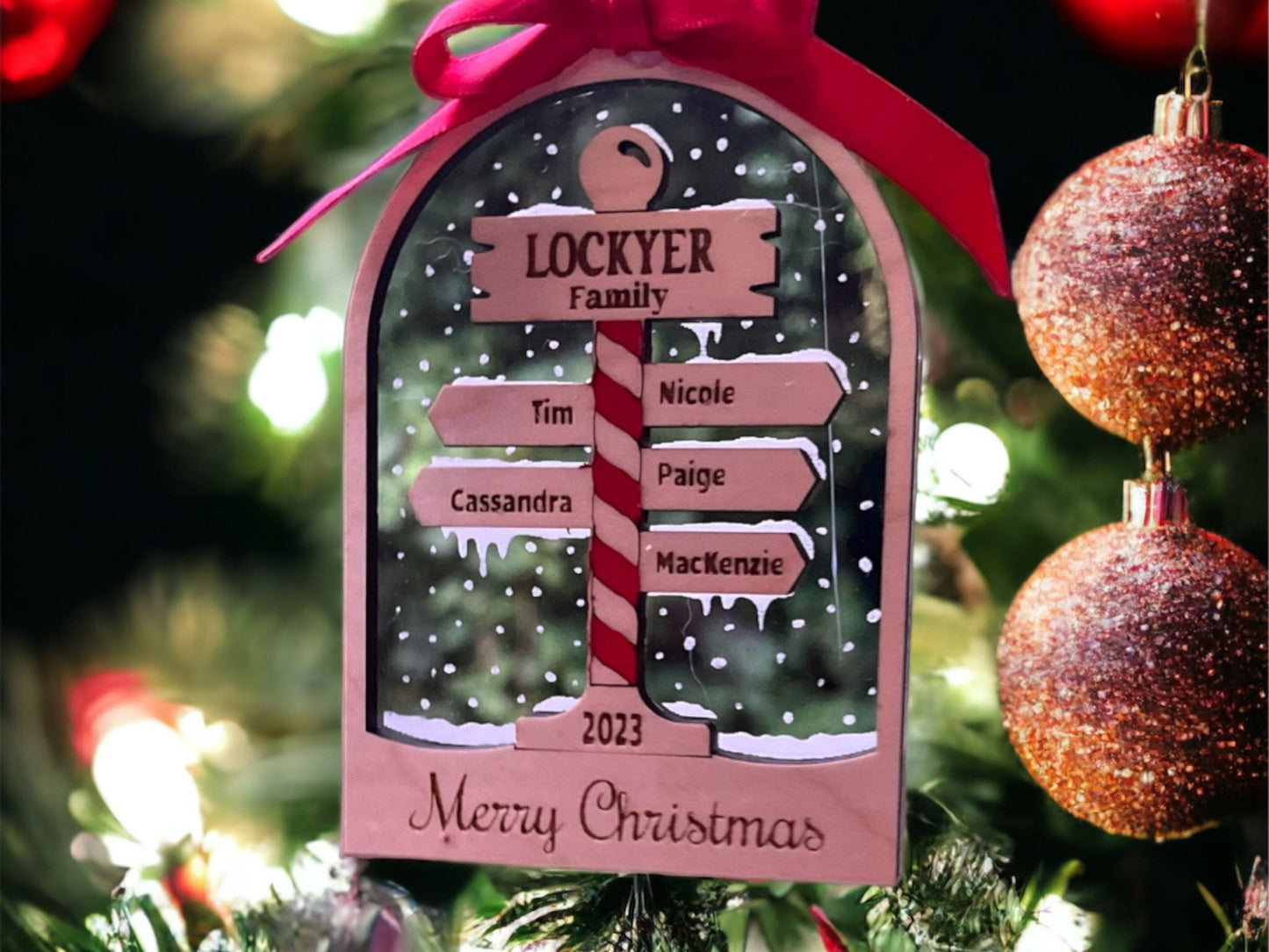 Personalized Family Ornament, Up to 10 names, Wooden with Clear Acrylic Backing, North Pole