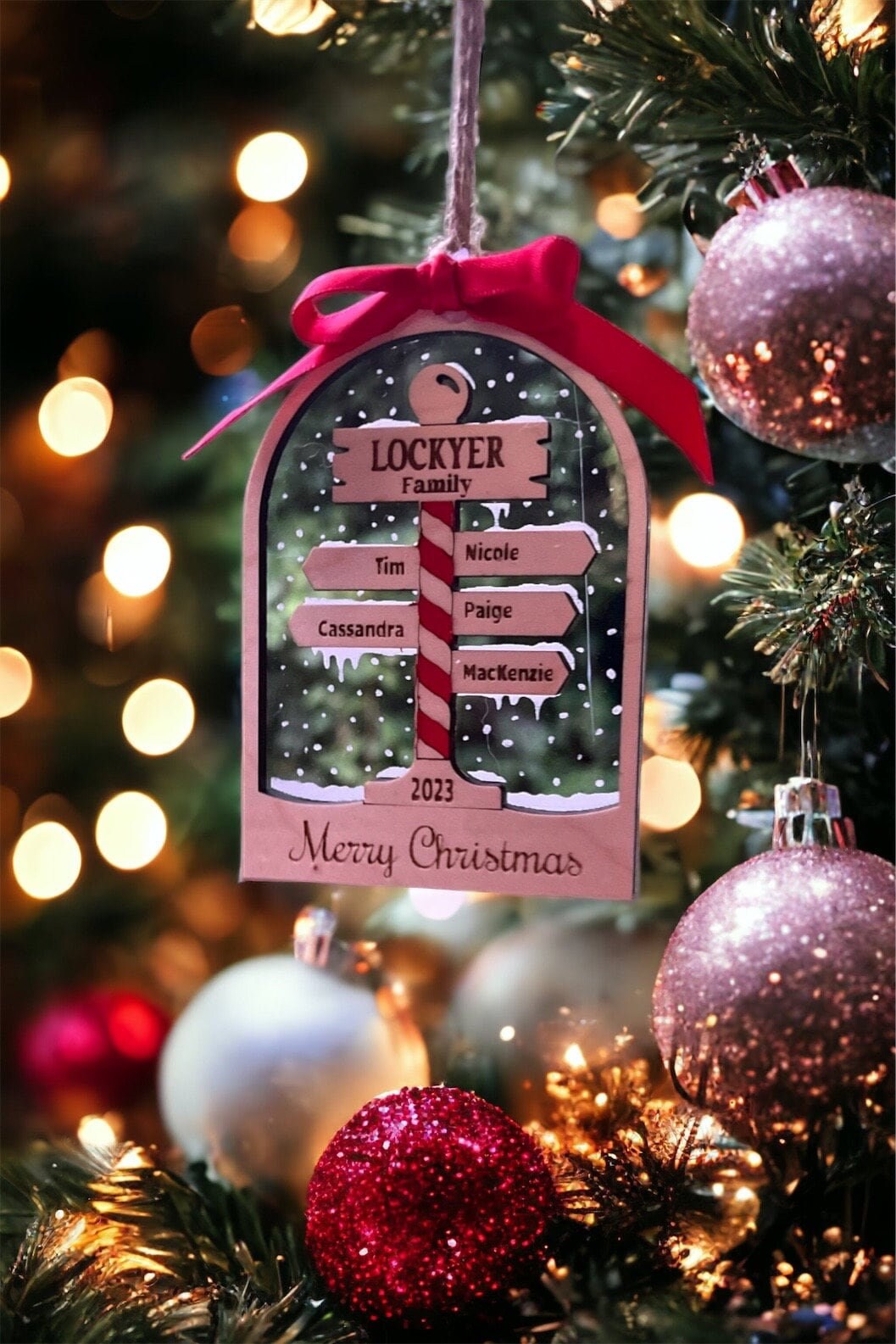 Personalized Family Ornament, Up to 10 names, Wooden with Clear Acrylic Backing, North Pole