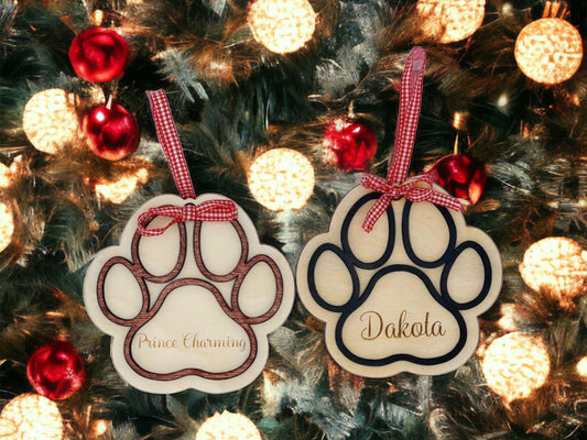 Dog Paw Print Ornament, Personalized Layered Wooden Ornament