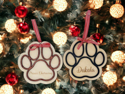 Dog Paw Print Ornament, Personalized Layered Wooden Ornament