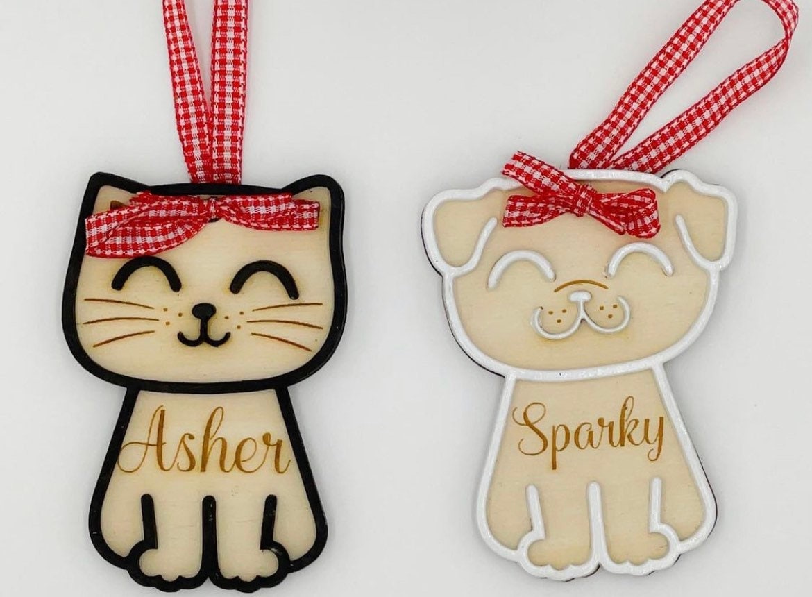 Dog Cat Christmas Ornament, Wooden