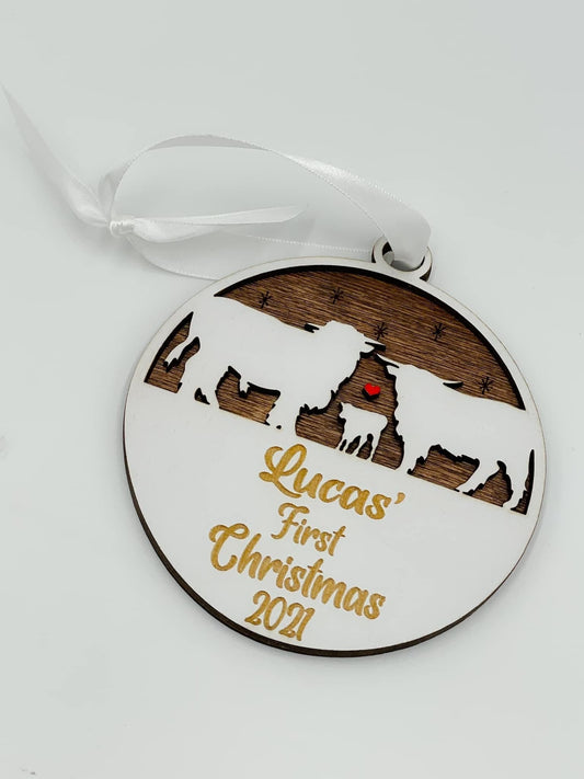 Personalized Scottish Highlands Cow Ornament, Wooden