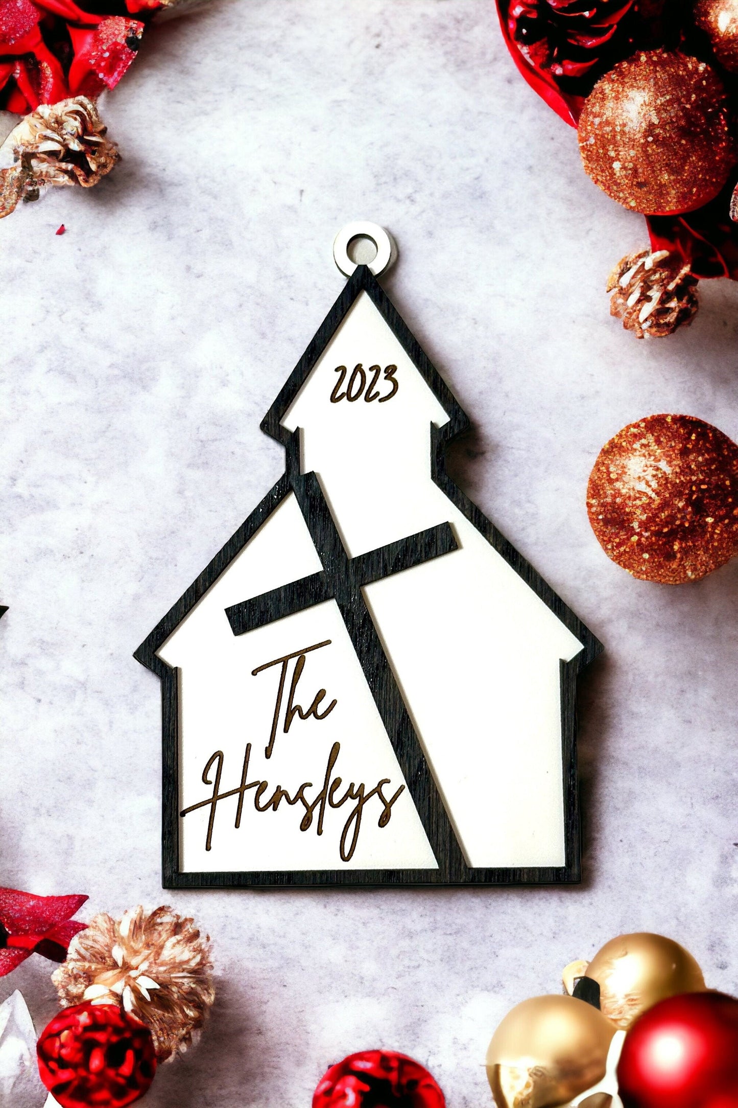 Personalized Church House Ornament, Layered Wooden, 2 Designs