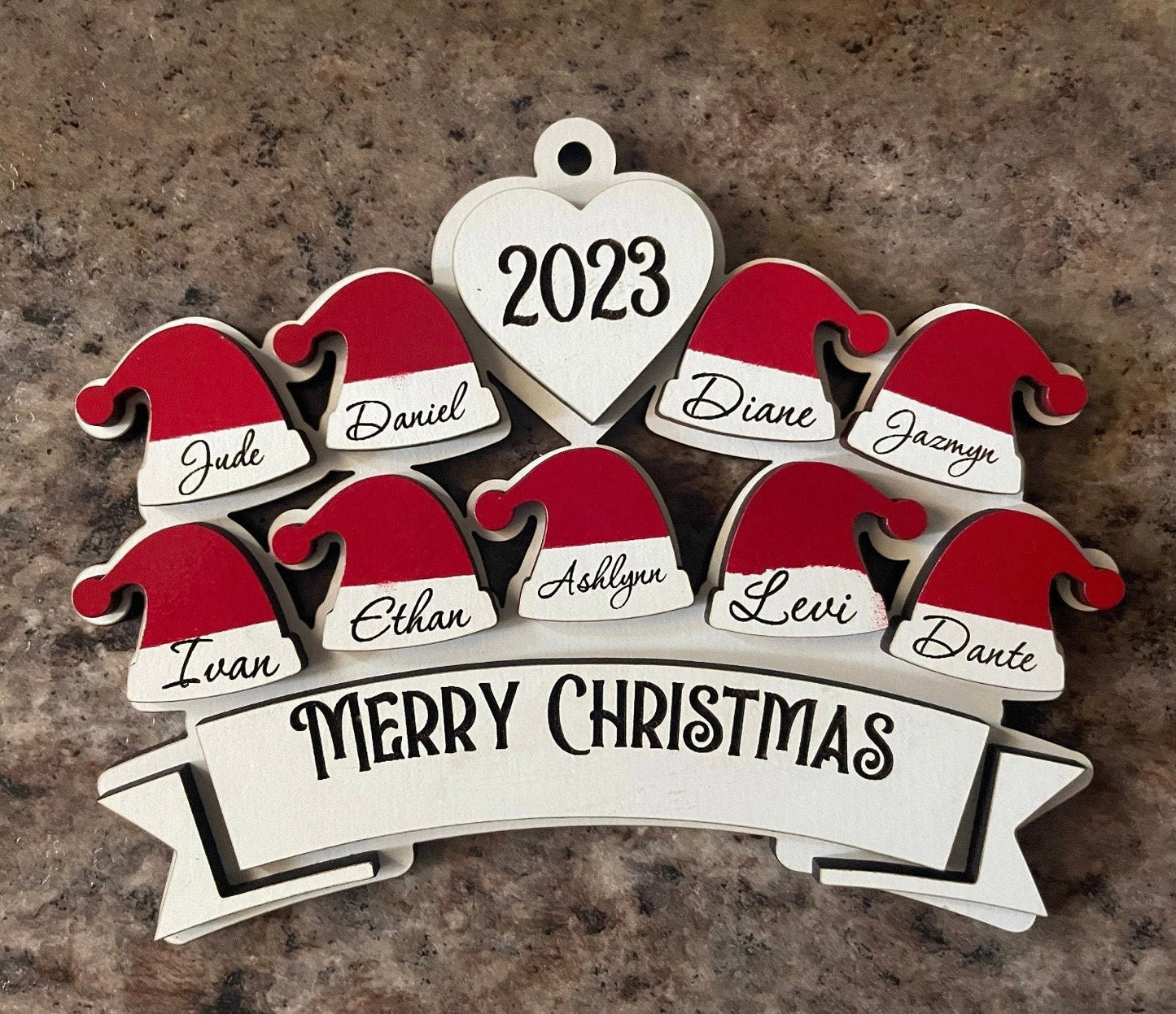 Personalized Santa Hat Ornament, Wooden, Layered Family Ornament