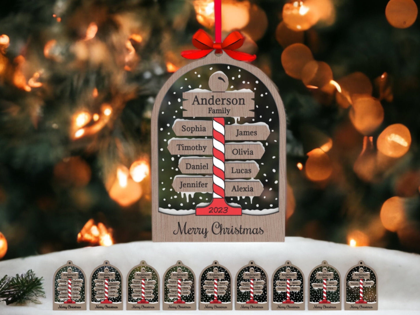 Personalized Family Ornament, Up to 10 names, Wooden with Clear Acrylic Backing, North Pole