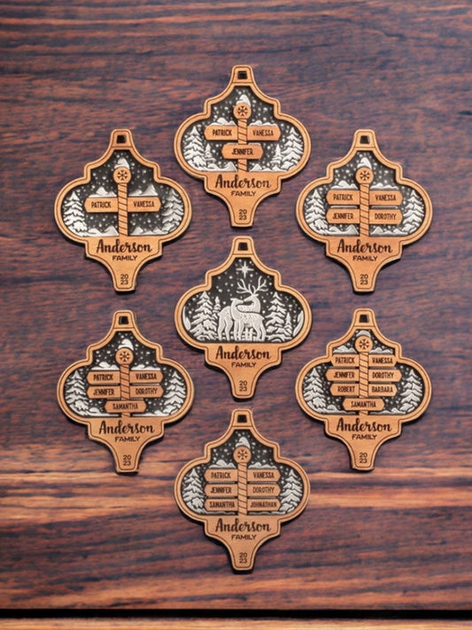 Personalized Family Ornament, North Pole Wooden with Clear Acrylic Backing