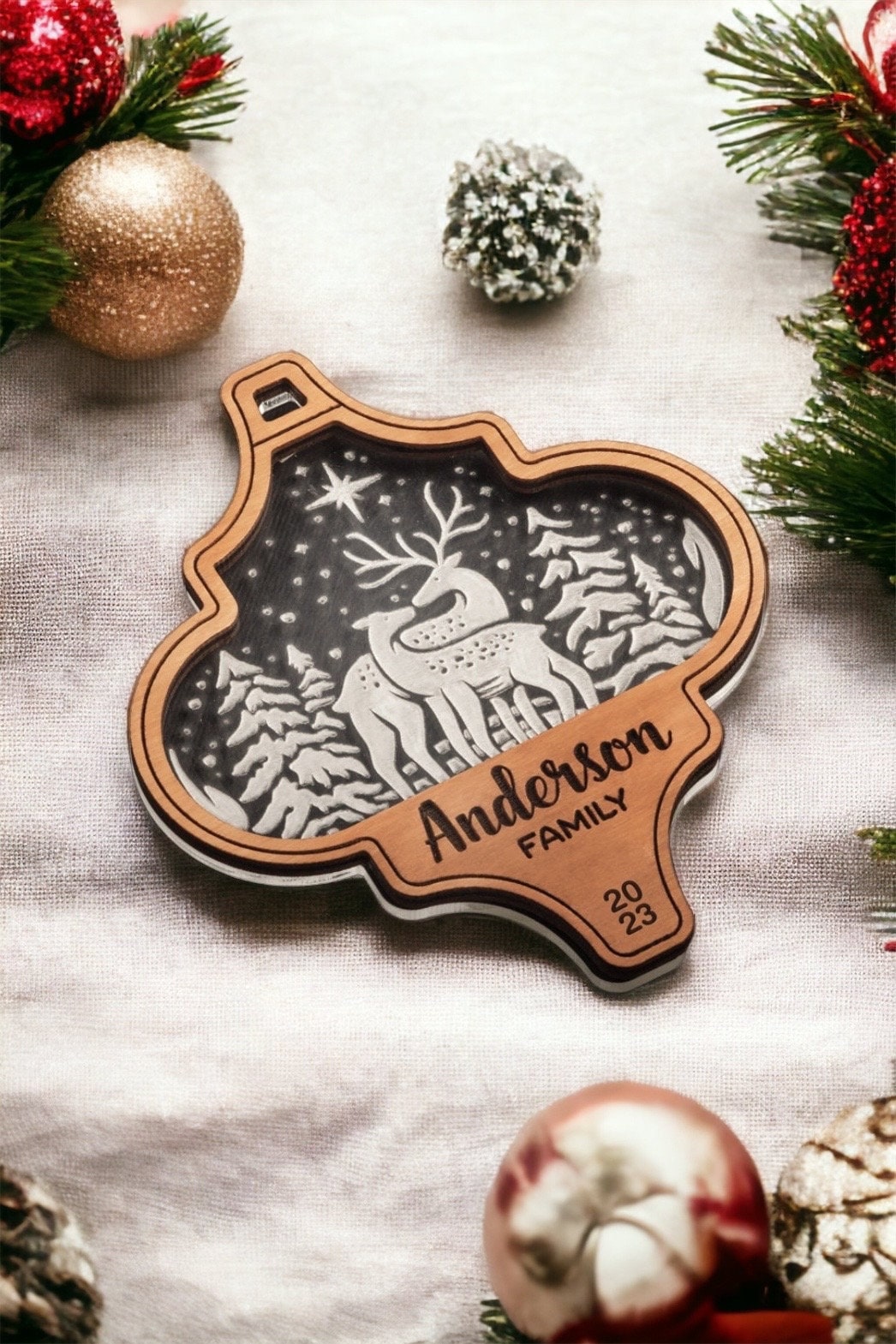 Personalized North Pole Family Ornament, Wooden with Clear Acrylic Backing