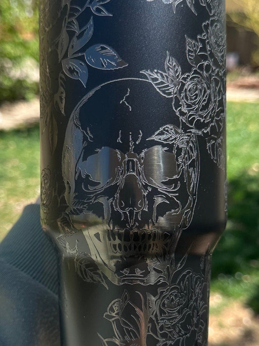 Gothic Black Skull and Roses 40oz Tumbler - Engraved Floral Design