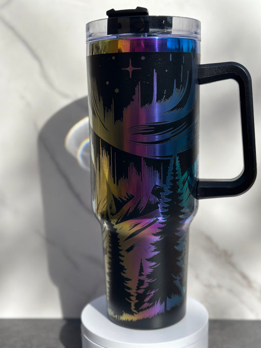 Northern Lights Engraved Tumbler with Handle, 40oz Black and Rainbow/Aurora, Mountains with Aurora Borealis, Laser Engraved