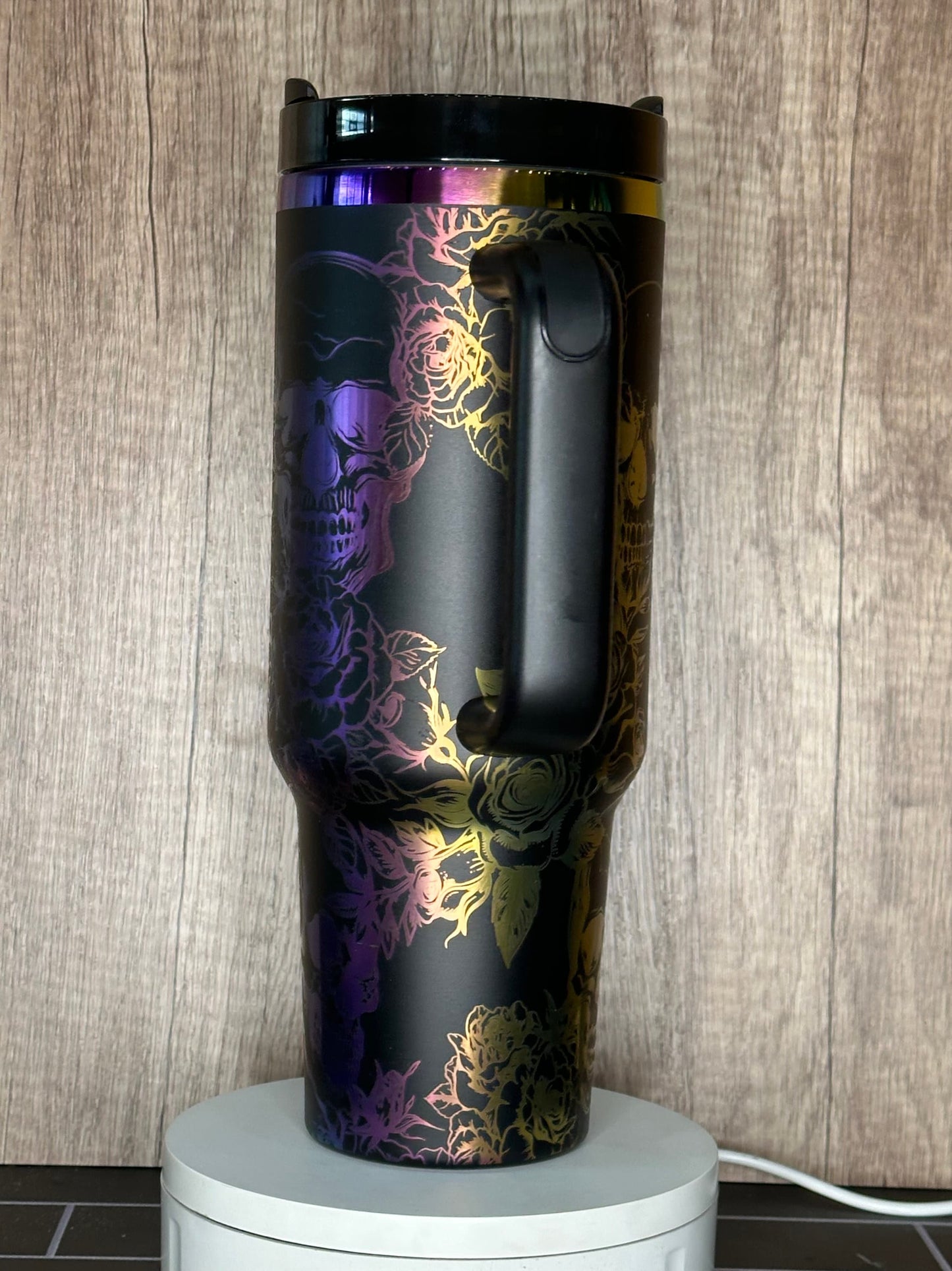 Gothic Black and Rainbow Skull and Roses 40oz Tumbler - Engraved Floral Design