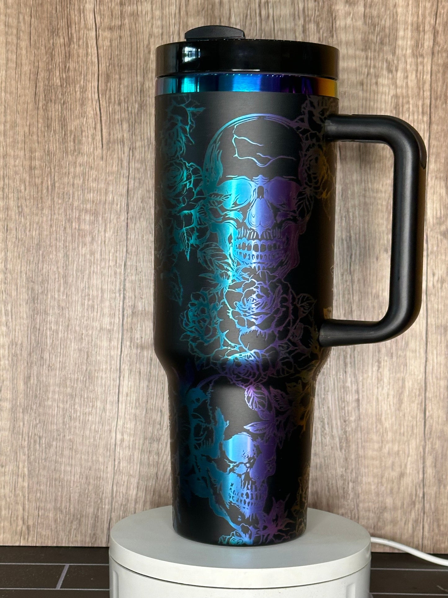 Gothic Black and Rainbow Skull and Roses 40oz Tumbler - Engraved Floral Design