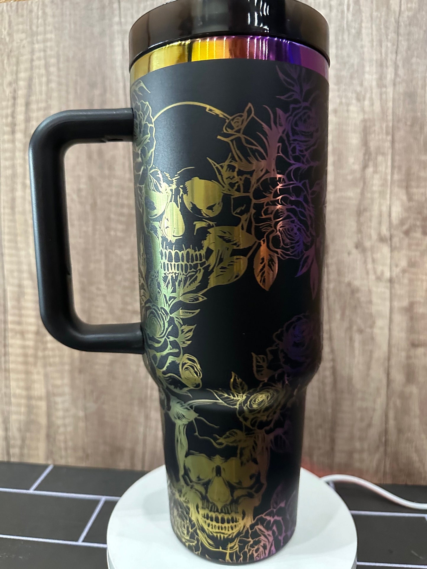 Gothic Black and Rainbow Skull and Roses 40oz Tumbler - Engraved Floral Design