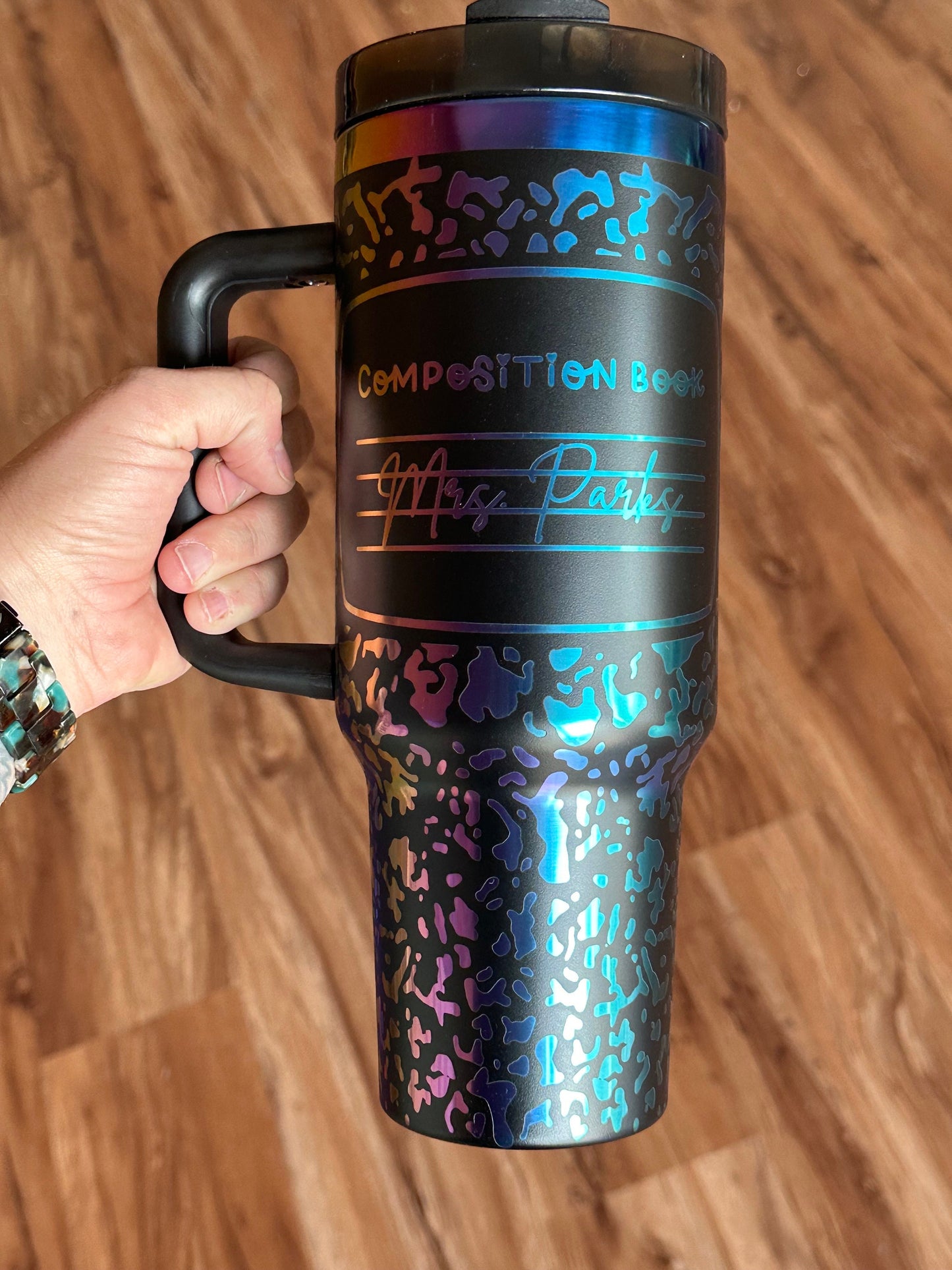 Personalized Teachers Gift, 40oz Tumbler with Handle, Composition Notebook Tumbler, Engraved Black and Rainbow