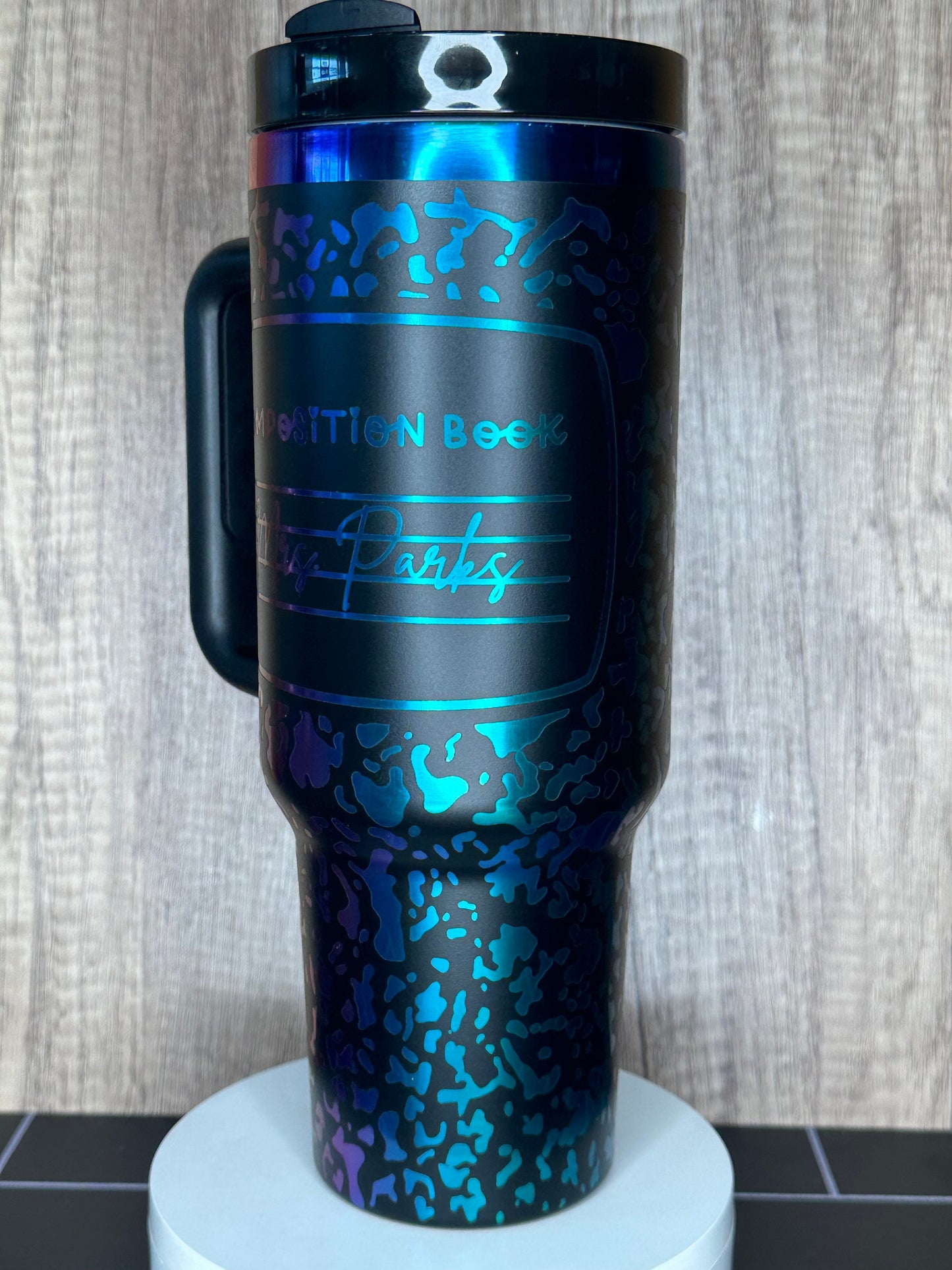 Personalized Teachers Gift, 40oz Tumbler with Handle, Composition Notebook Tumbler, Engraved Black and Rainbow