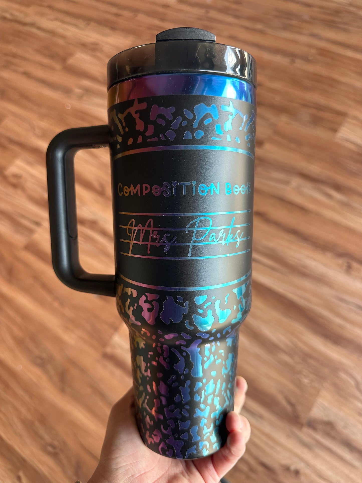 Personalized Teachers Gift, 40oz Tumbler with Handle, Composition Notebook Tumbler, Engraved Black and Rainbow