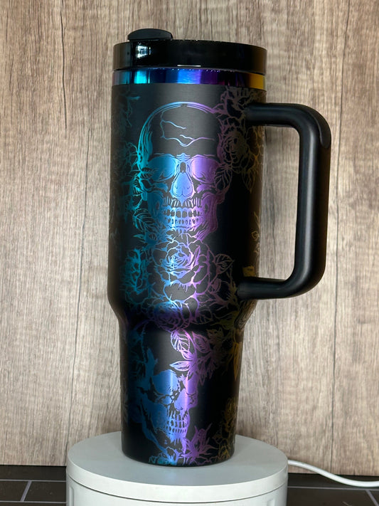 Halloween Tumbler Black and Rainbow Skull and Roses 40oz with handle - Engraved Gothic Design