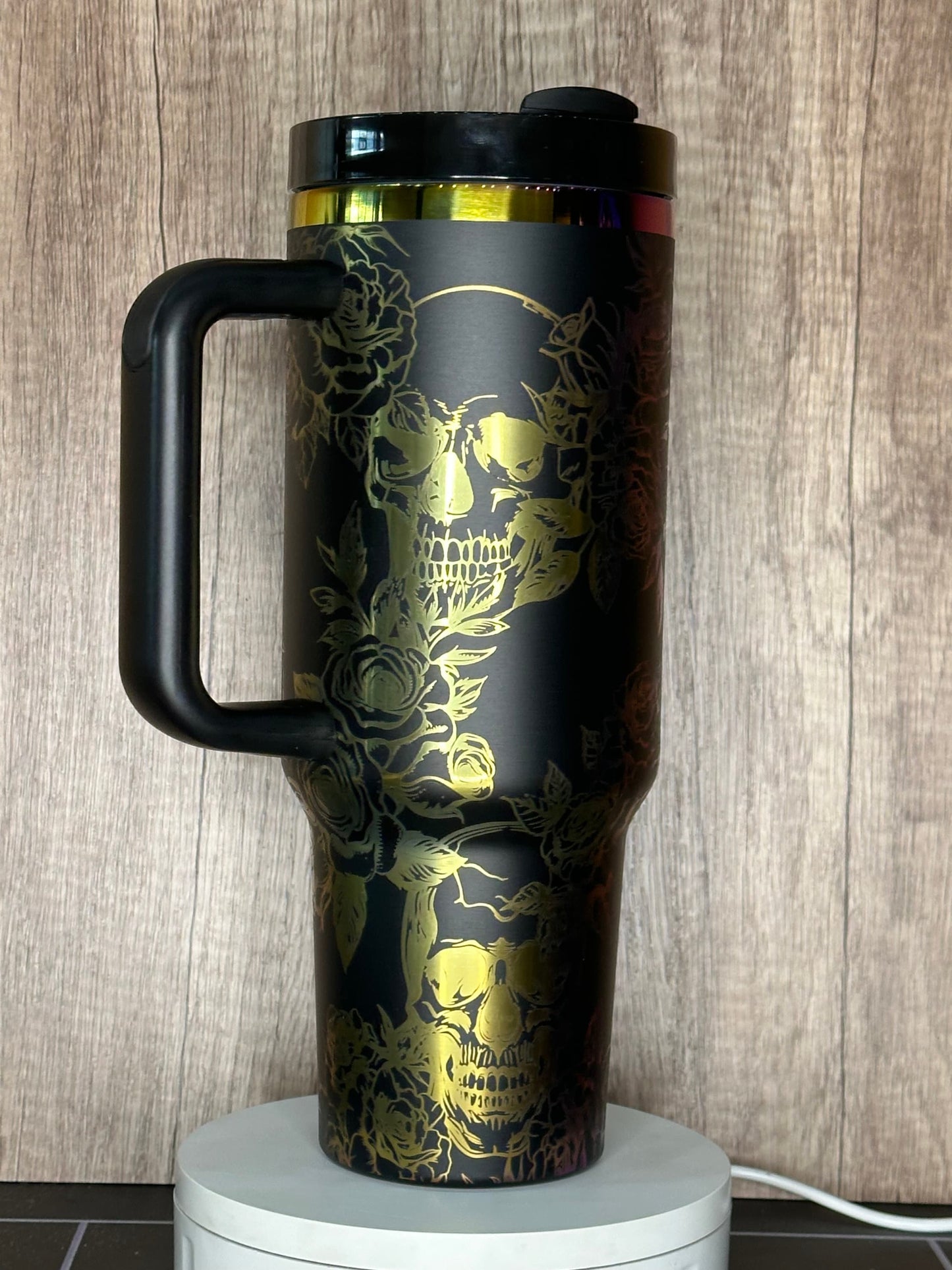 Gothic Black and Rainbow Skull and Roses 40oz Tumbler - Engraved Floral Design