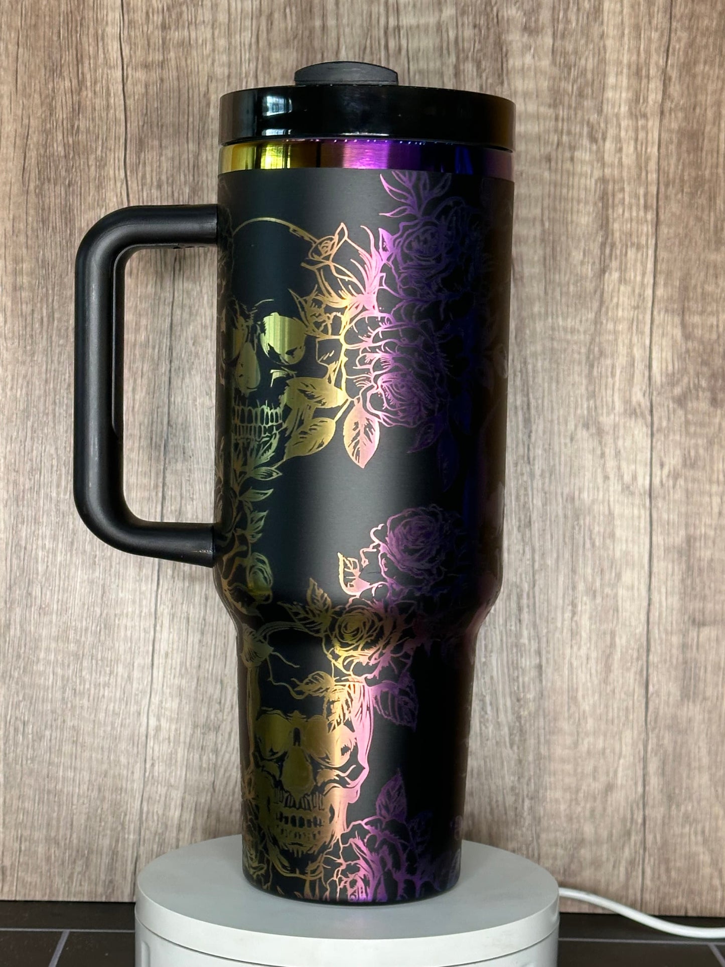 Gothic Black and Rainbow Skull and Roses 40oz Tumbler - Engraved Floral Design