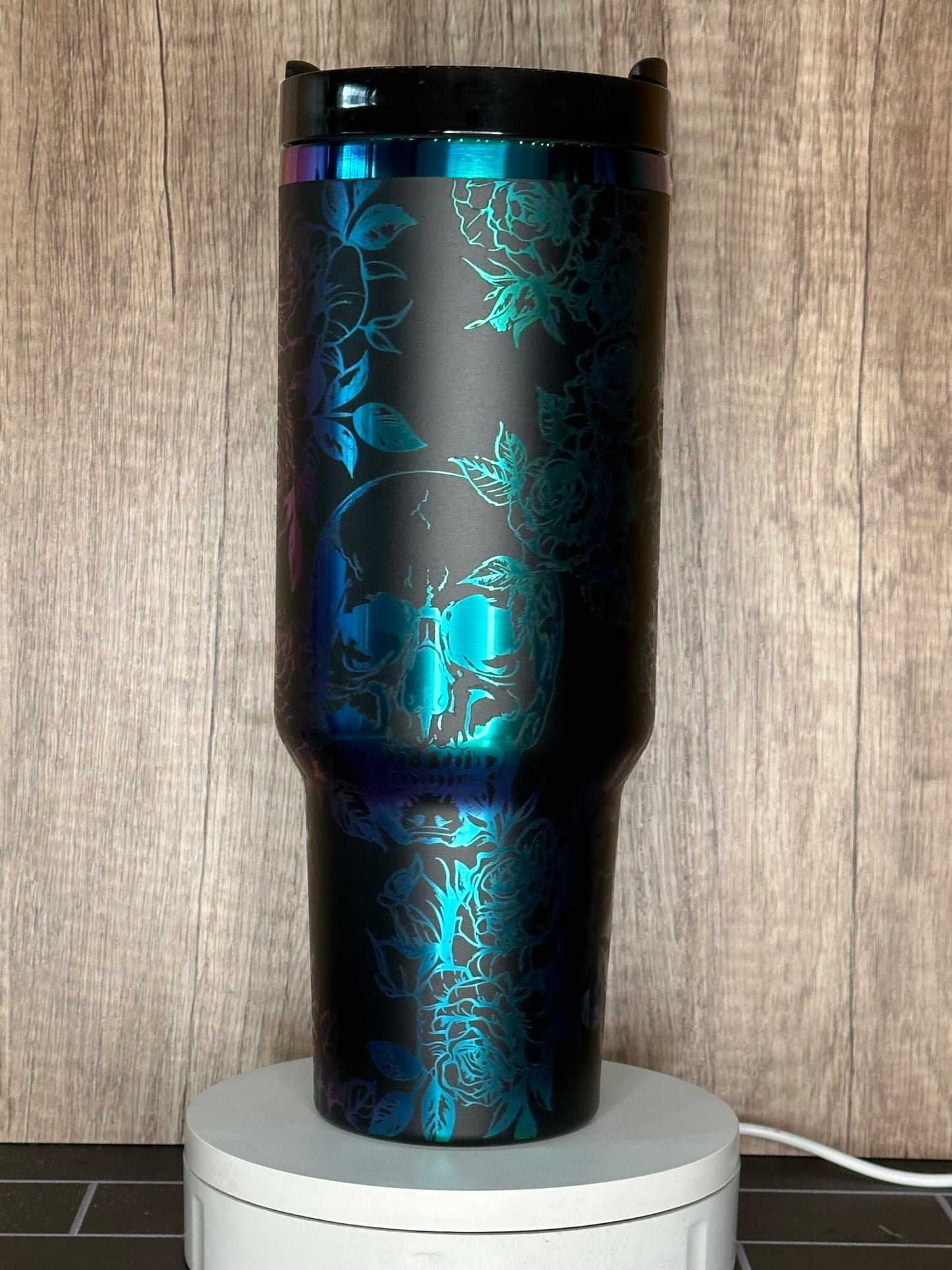 Gothic Black and Rainbow Skull and Roses 40oz Tumbler - Engraved Floral Design