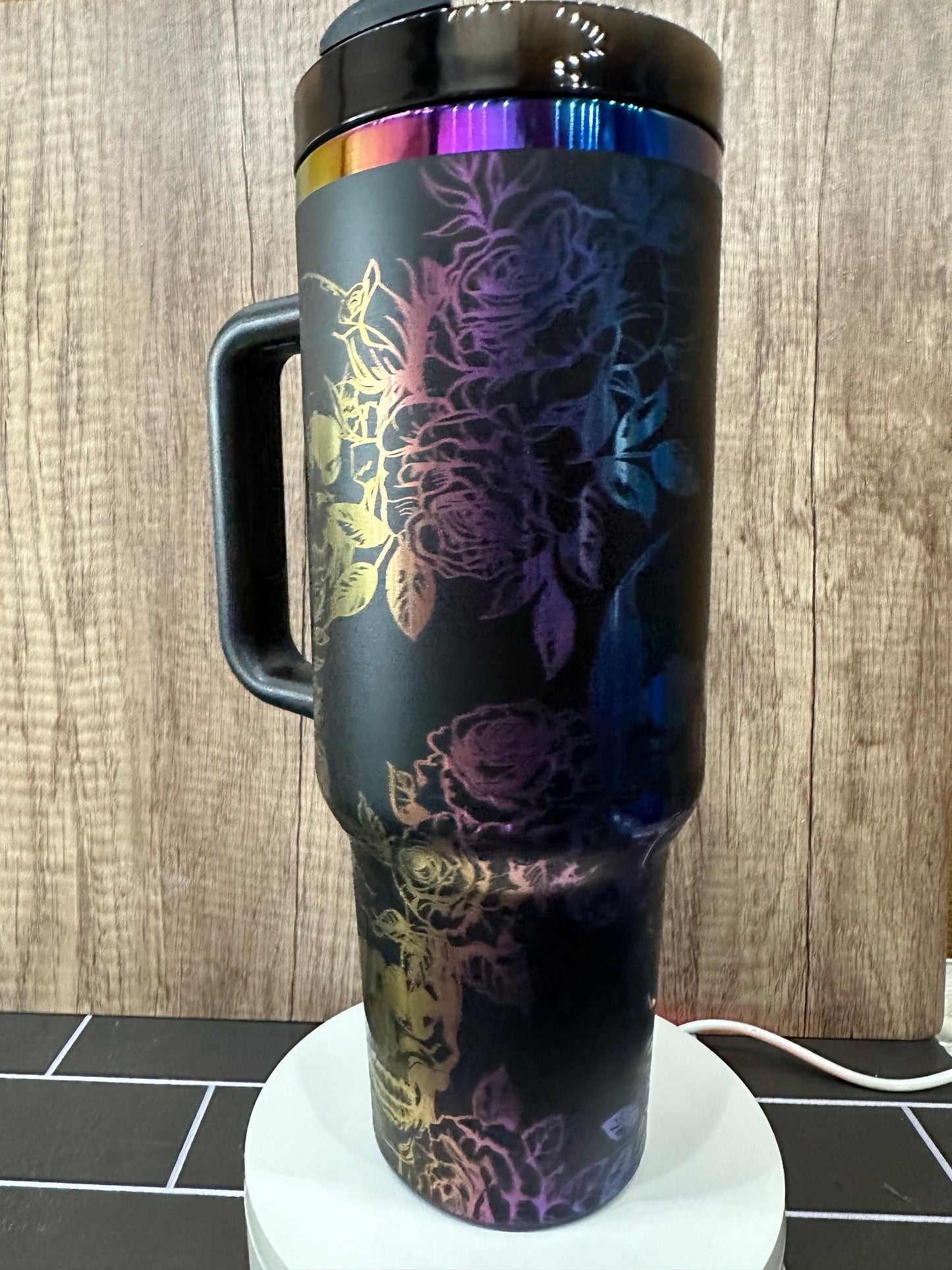 Gothic Black and Rainbow Skull and Roses 40oz Tumbler - Engraved Floral Design