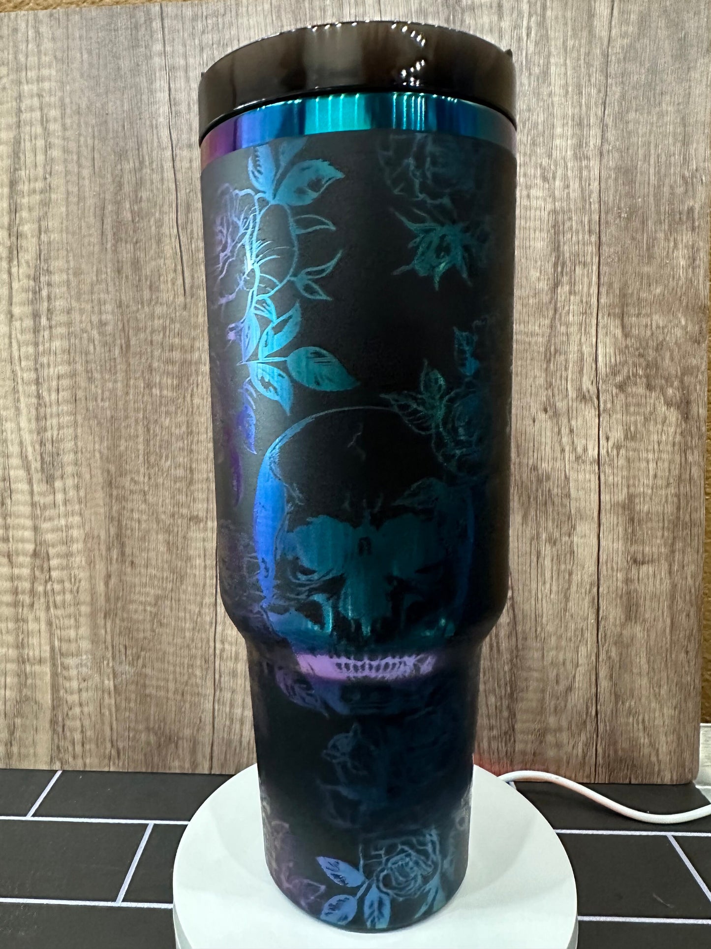 Gothic Black and Rainbow Skull and Roses 40oz Tumbler - Engraved Floral Design