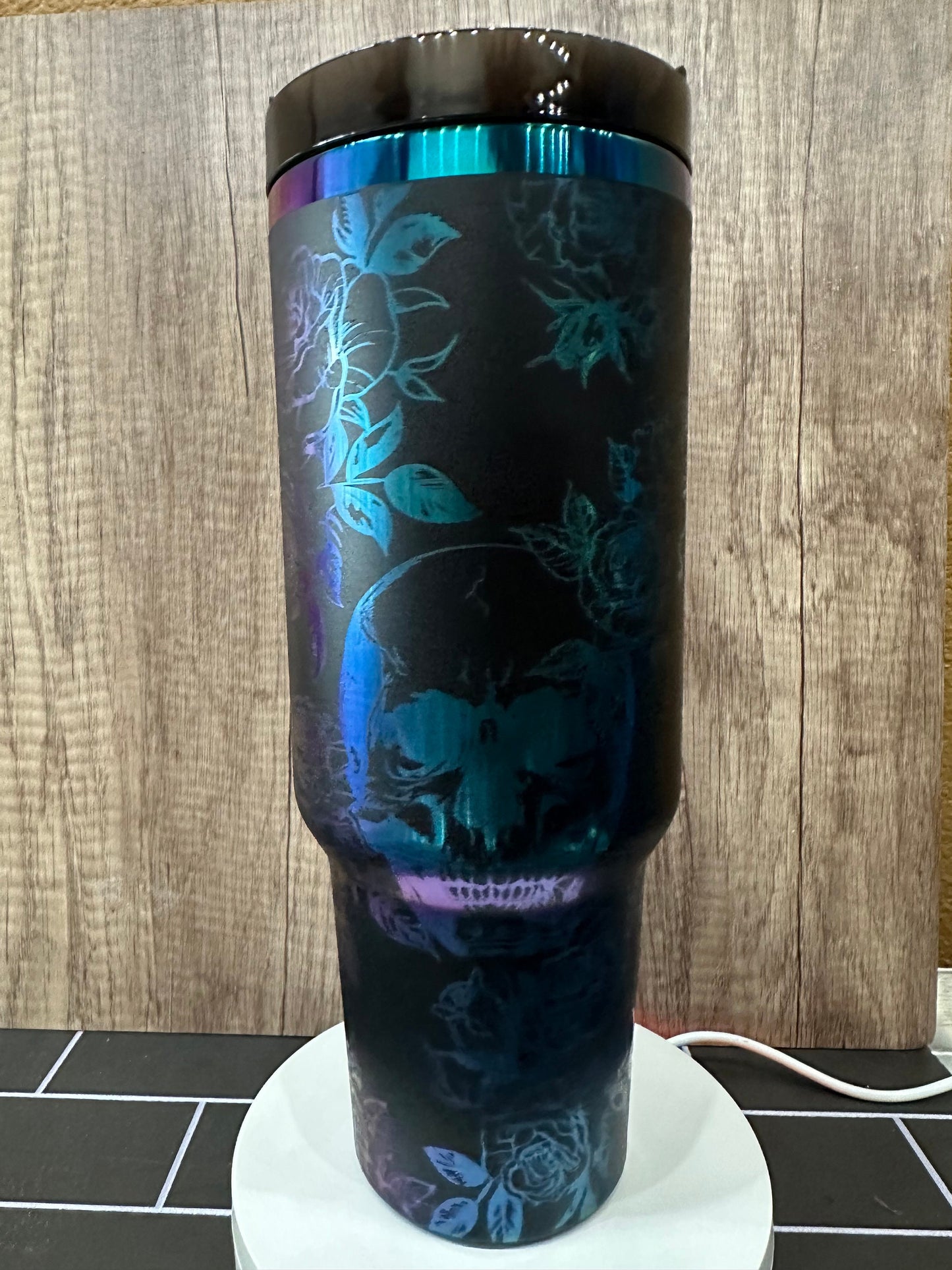 Gothic Black and Rainbow Skull and Roses 40oz Tumbler - Engraved Floral Design