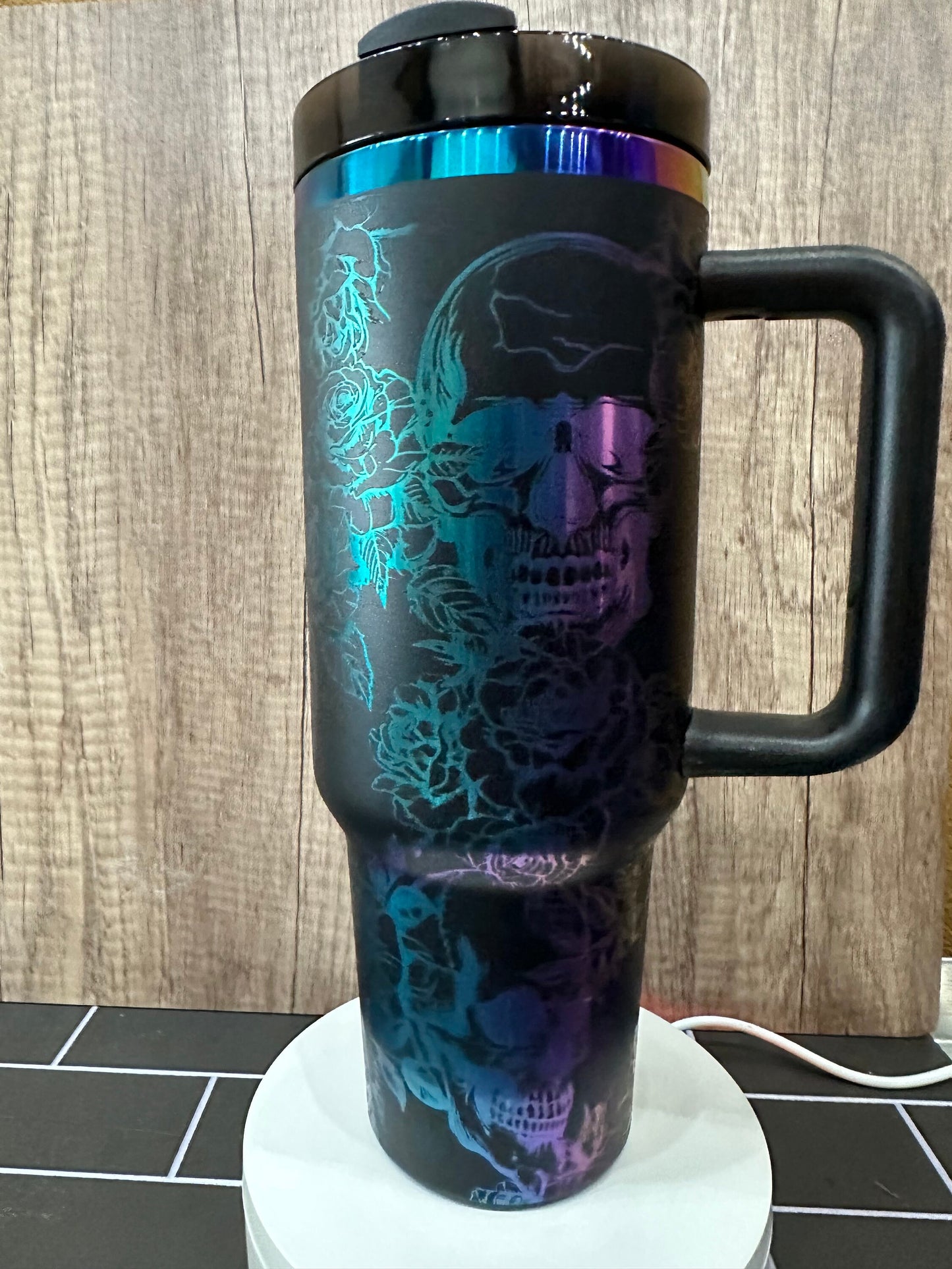 Gothic Black and Rainbow Skull and Roses 40oz Tumbler - Engraved Floral Design