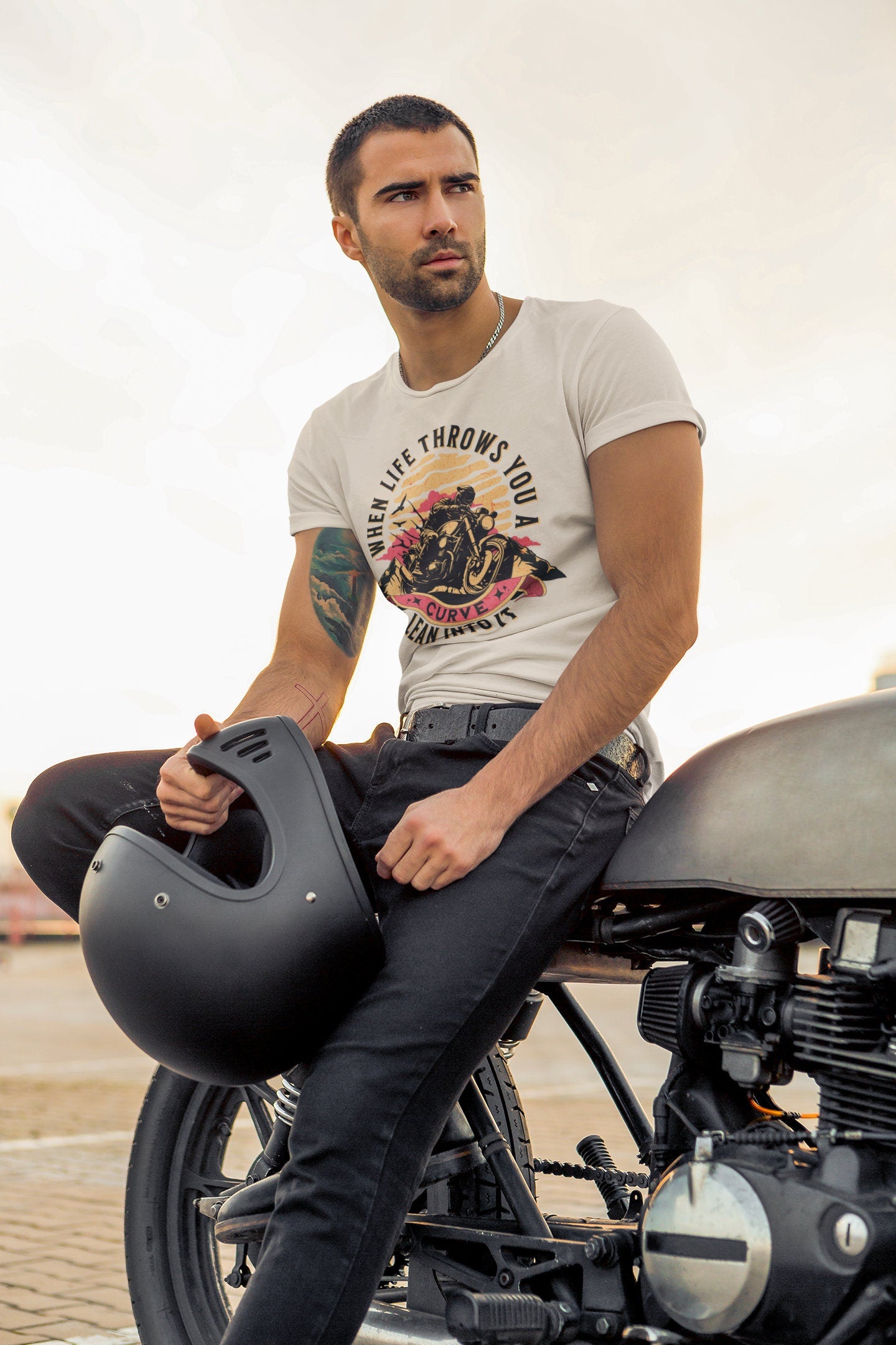 Motorcycle Graphic Tee- When Life Throws You A Curve, Lean into It, 100% cotton