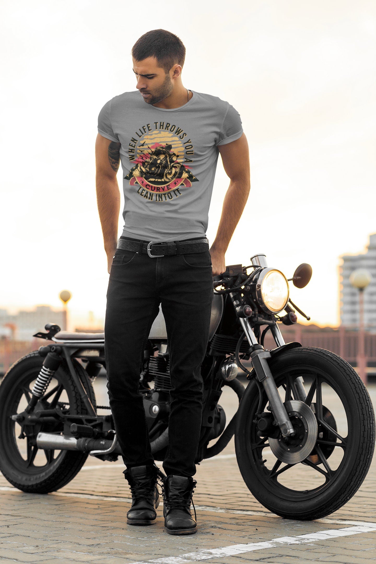 Motorcycle Graphic Tee- When Life Throws You A Curve, Lean into It, 100% cotton