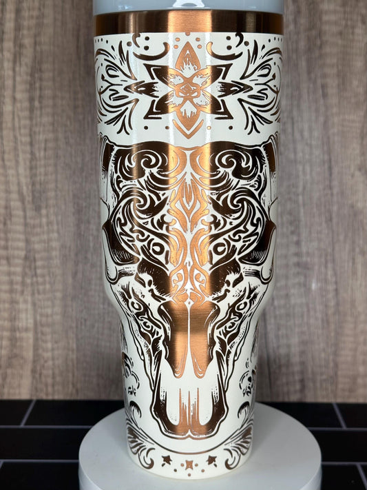 Western Style 40oz Tumbler - Longhorn Cow Bull Engraved, Black & Copper Design