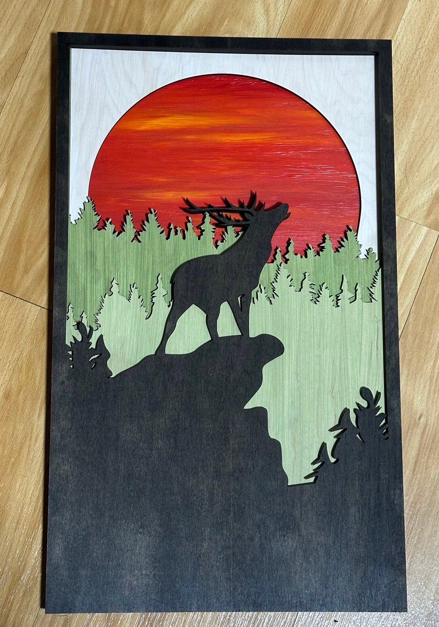 Wooden Elk Mountain Wall Art, 5 Layers