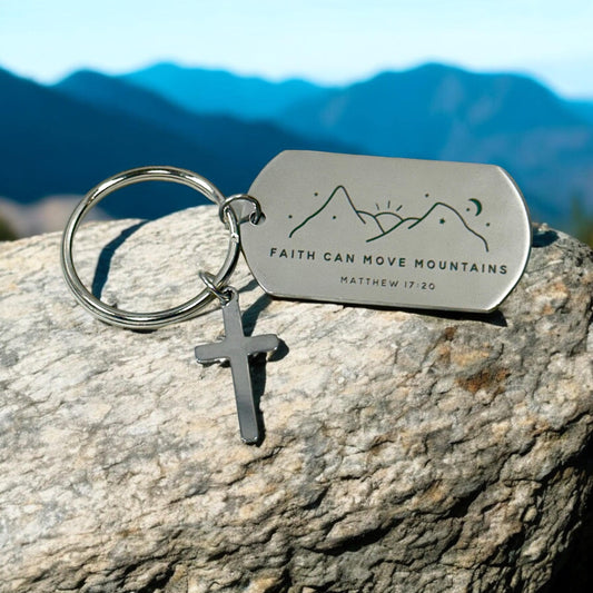 Faith Can Move Mountains Keychain with Cross, Personalized, Laser Engraved, Polished Stainless Steel