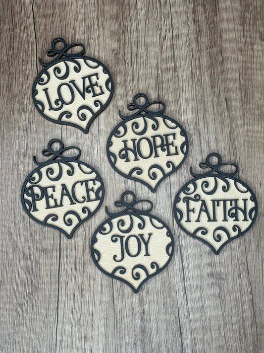 Wooden Ornament Set of 5; Faith, Love, Peace, Joy, Hope