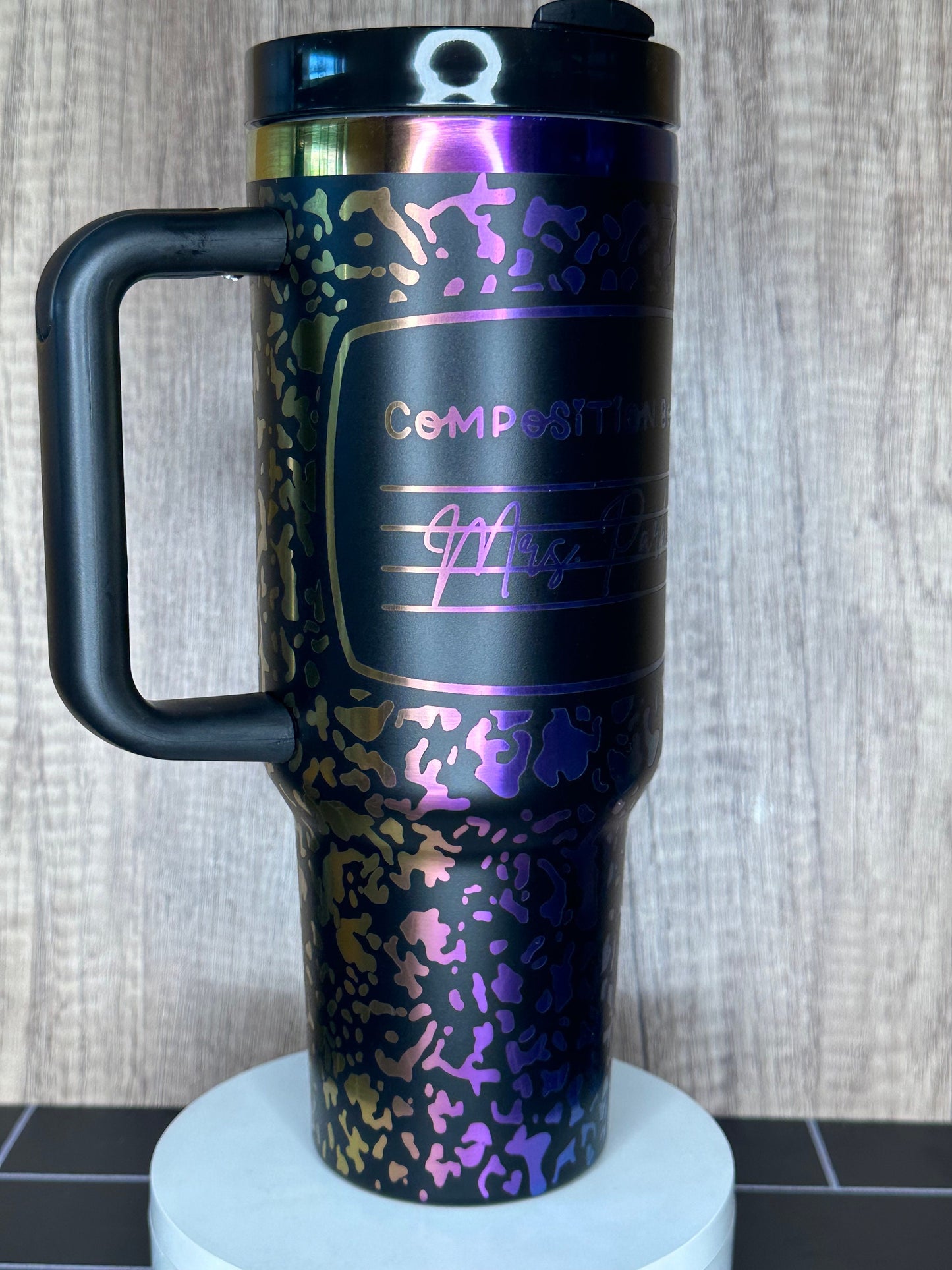 Personalized Teachers Gift, 40oz Tumbler with Handle, Composition Notebook Tumbler, Engraved Black and Rainbow