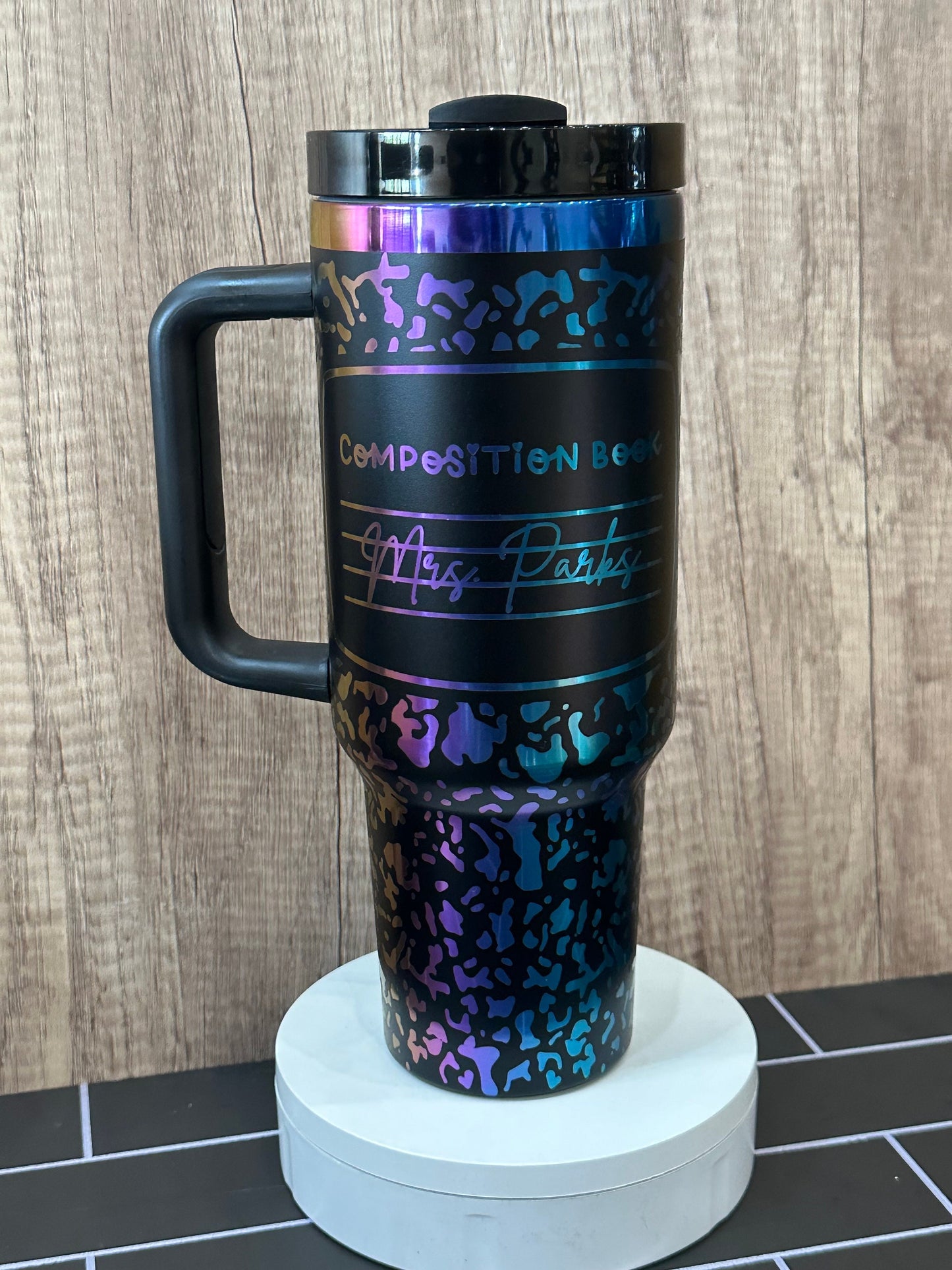 Personalized Teachers Gift, 40oz Tumbler with Handle, Composition Notebook Tumbler, Engraved Black and Rainbow