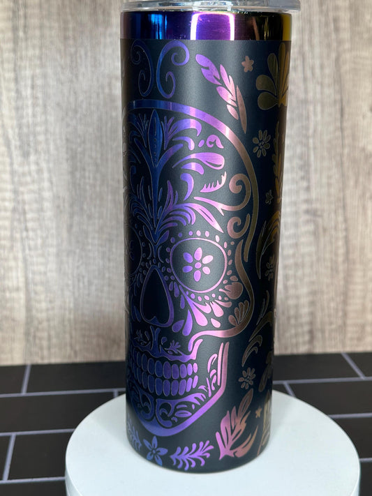 Sugar Skull Halloween Tumbler, 20oz Straight Tumbler, Engraved Black and Rainbow, Day of the Dead