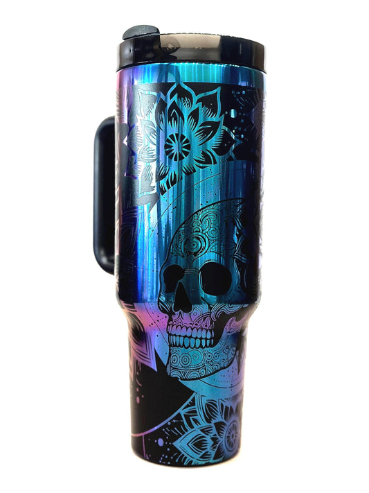 Mandala Rainbow Skull and Floral 40oz Tumbler - Engraved Floral Design, Halloween Tumbler