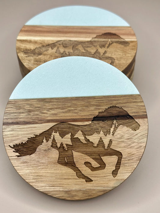 Engraved Horse Marble and Acacia Wood Coasters, Horse Coasters for Housewarming Gift, Set of 4