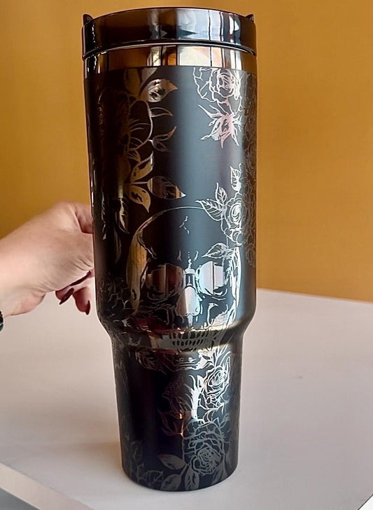 Halloween Tumbler, Gothic Black Skull and Roses 40oz Tumbler - Engraved Floral Design, Free Personalization Optional