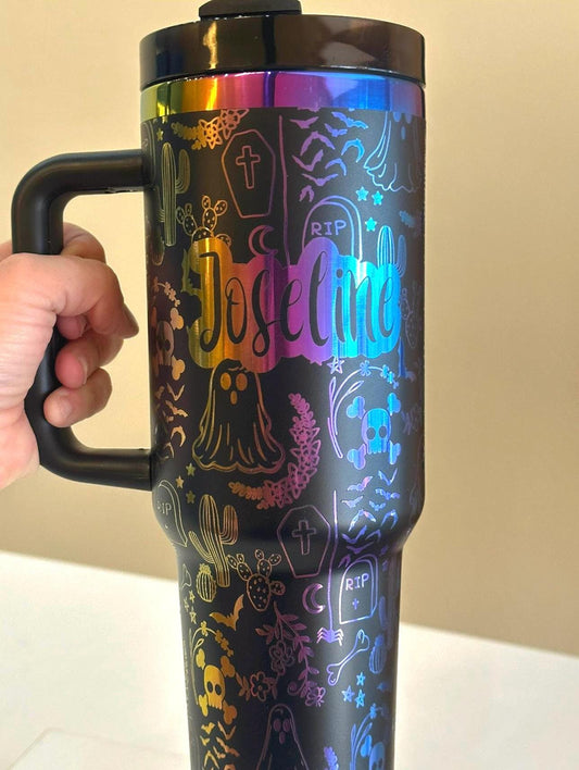 Halloween Doodles Tumbler, 20oz Straight Tumbler, 40oz Tumbler with handle, Engraved Black and Rainbow