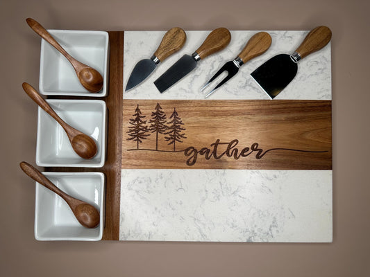 Personalized Marble and Wood Charcuterie Board, Engraved Serving Tray with Bowls and Utensils,