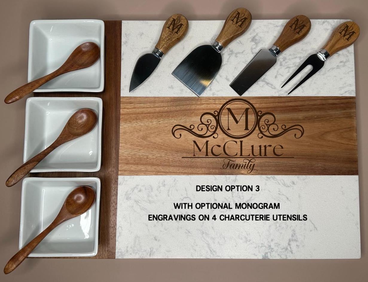 Personalized Marble and Wood Charcuterie Board, Engraved Serving Tray with Bowls and Utensils,