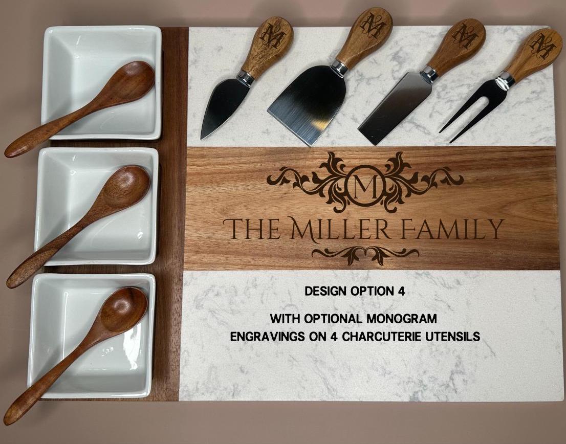 Personalized Marble and Wood Charcuterie Board, Engraved Serving Tray with Bowls and Utensils,