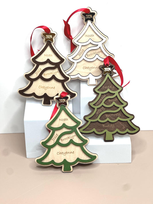 Family Christmas Tree Ornament, Up to 11 individual names, 2024 Family Ornament, Engraved Wood