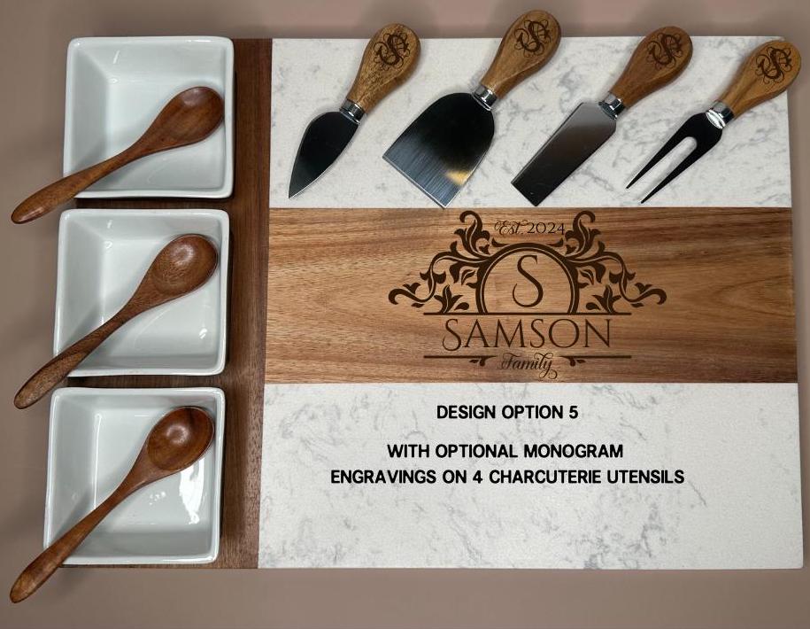 Personalized Marble and Wood Charcuterie Board, Engraved Serving Tray with Bowls and Utensils,