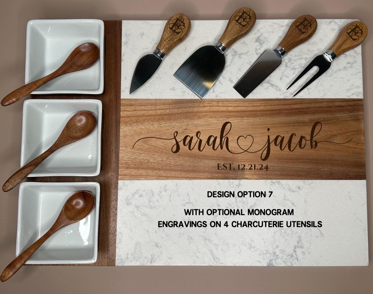 Personalized Marble and Wood Charcuterie Board, Engraved Serving Tray with Bowls and Utensils,