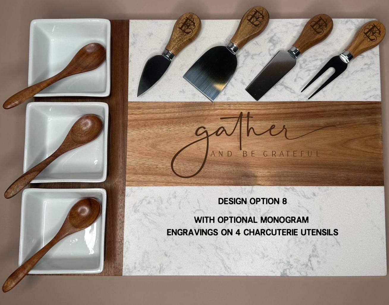 Personalized Marble and Wood Charcuterie Board, Engraved Serving Tray with Bowls and Utensils,