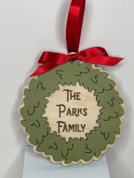 Family Name Wreath Ornament, Wooden Engraved Oranament, 2024