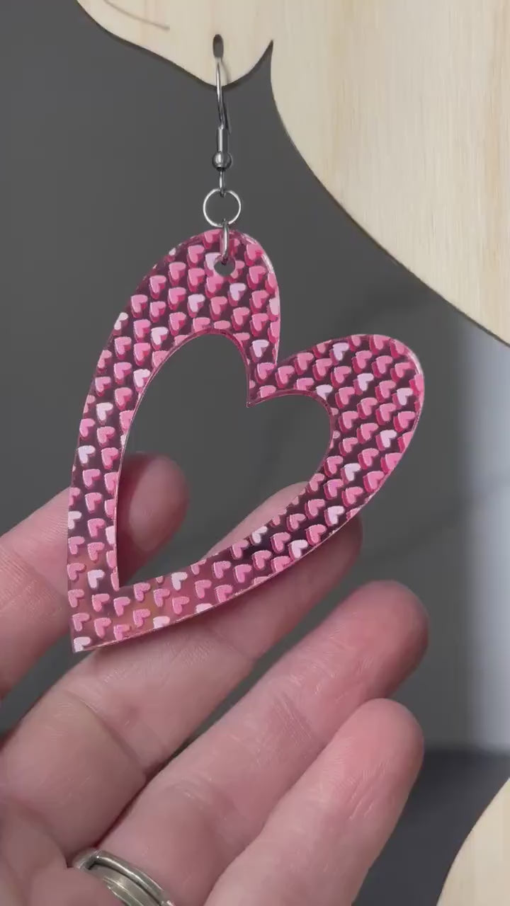 Valentine’s Day Heart Earrings, Pink Mirrored Acrylic, Lightweight Stainless Steel Hypoallergenic