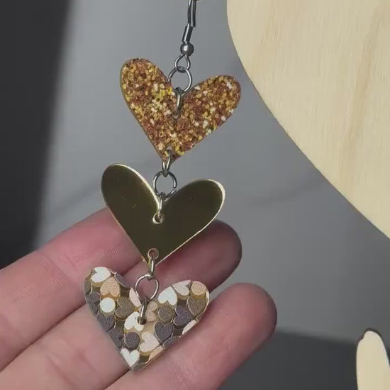 Heart Shaped Dangle Earrings, Gold Mirrored Acrylic, Lightweight Stainless Steel Hypoallergenic